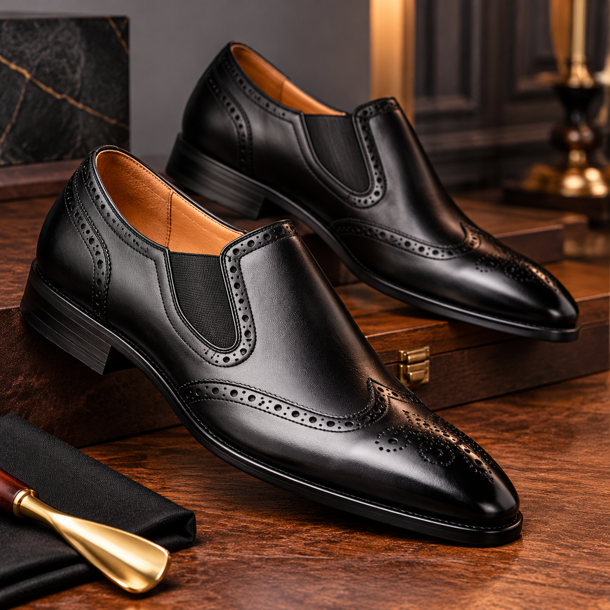 Premium Black Leather "Lazyman" Side-Elastic Oxford Dress Shoes – Handcrafted Full-Grain Brogue Slip-On