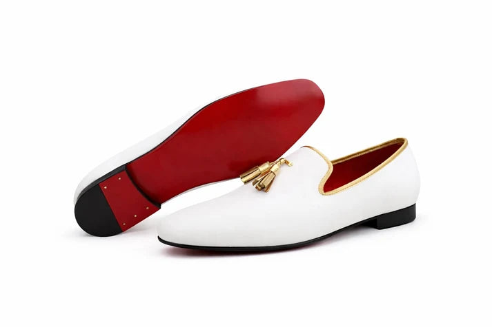 CpaBossFootwear Bianco Tassel Loafer - Gold Hardware & Red Sole