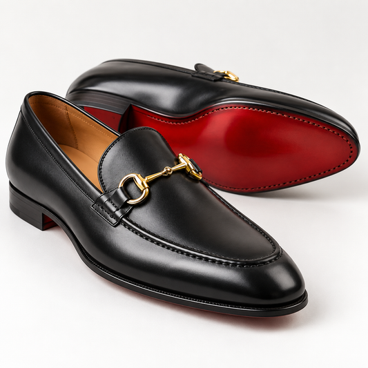 Luxury Black Leather Horsebit Loafers – Handcrafted Dress Shoes with Red Leather Sole