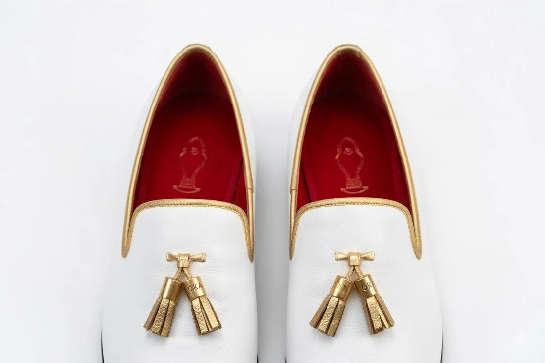 CpaBossFootwear Bianco Tassel Loafer - Gold Hardware & Red Sole