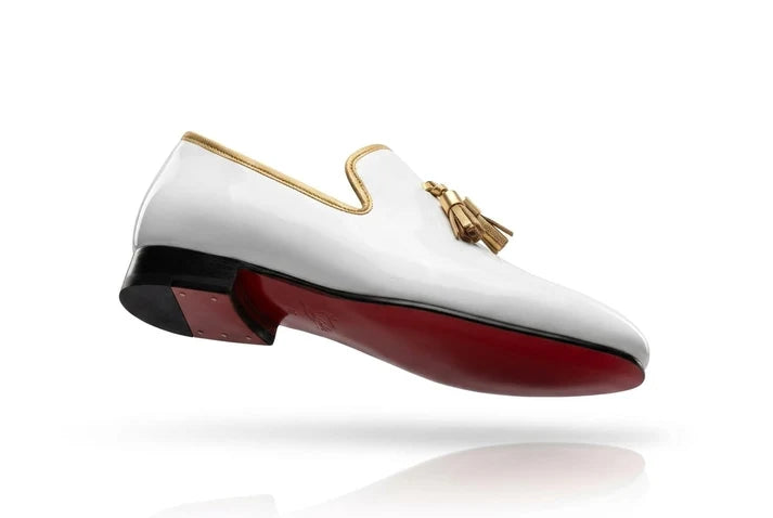 CpaBossFootwear Bianco Tassel Loafer - Gold Hardware & Red Sole